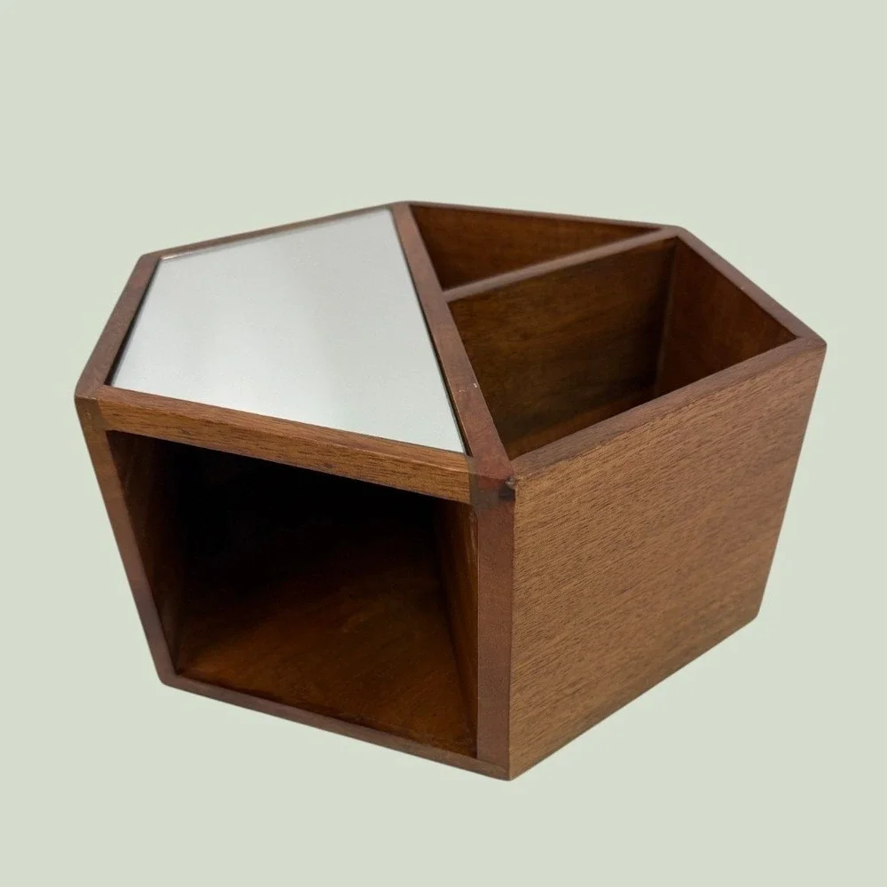 Hexagon Wood Wall Shelf with Mirror and Brass Hooks Geometric Entryway Decor